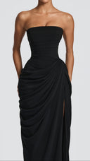 Giselle black strapless corset maxi dress worn with heels, full look
