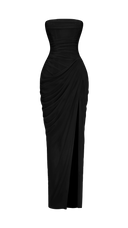 Giselle black strapless corset maxi dress, close-up of strapless neckline