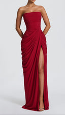Giselle deep red strapless corset maxi dress with pleated chiffon bodice and thigh-high split