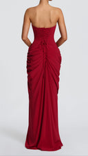 Giselle deep red strapless corset maxi dress, back view with lace-up corset detail