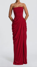 Giselle deep red strapless corset maxi dress, close-up of pleated bodice