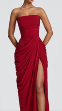 Giselle deep red strapless corset maxi dress, full-length front view