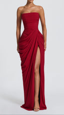 Giselle deep red strapless corset maxi dress showing column skirt and thigh split