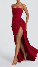 Giselle deep red strapless corset maxi dress, close-up of strapless neckline