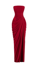 Giselle deep red strapless corset maxi dress, styled full-length look