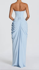 Giselle glacier blue strapless corset maxi dress, back view with lace-up corset detail