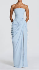 Giselle glacier blue strapless corset maxi dress, close-up of pleated bodice