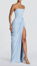 Giselle glacier blue strapless corset maxi dress showing column skirt and thigh split