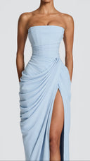 Giselle glacier blue strapless corset maxi dress, detail of asymmetric hip draping