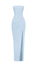 Giselle glacier blue strapless corset maxi dress, close-up of strapless neckline