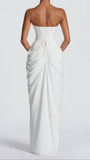 Giselle ivory strapless corset maxi dress, side view showing draped hip detail