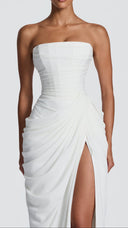 Giselle ivory strapless corset maxi dress, close-up of pleated bodice