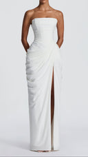 Giselle ivory strapless corset maxi dress showing column skirt and thigh split
