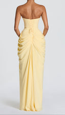 Giselle lemon yellow strapless corset maxi dress, side view showing draped hip detail