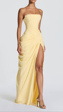 Giselle lemon yellow strapless corset maxi dress, back view with lace-up corset detail