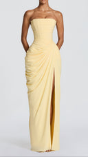 Giselle lemon yellow strapless corset maxi dress, close-up of pleated bodice