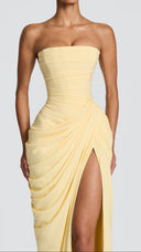 Giselle lemon yellow strapless corset maxi dress, full-length front view