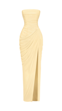 Giselle lemon yellow strapless corset maxi dress, styled full-length look