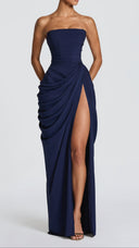 Giselle navy strapless corset maxi dress with pleated chiffon bodice and thigh-high split