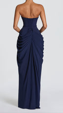 Giselle navy strapless corset maxi dress, side view showing draped hip detail