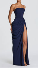 Giselle navy strapless corset maxi dress, back view with lace-up corset detail