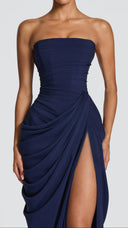 Giselle navy strapless corset maxi dress, close-up of pleated bodice