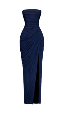 Giselle navy strapless corset maxi dress, styled full-length look