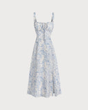 Blue Floral Ruched Slip Midi Dress
